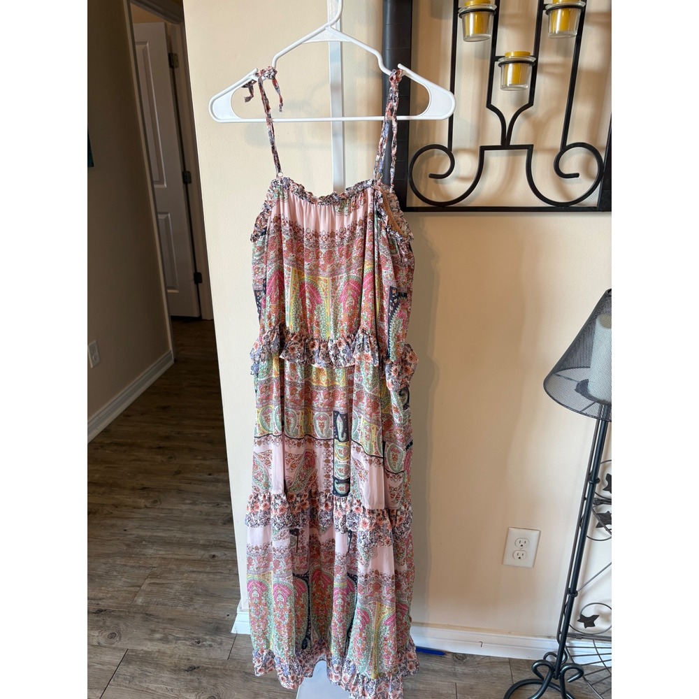 Gigio USA Pink Paisley Patchwork Tiered Maxi Dress Sleeveless Ruffle Boho Medium